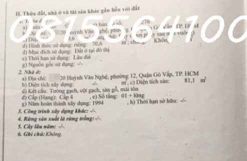 Giám nhan 5,8 tỷ còn 5,2 tỷ bán nhà HXH 71m2 Huỳnh Văn Nghệ, Gò Vấp