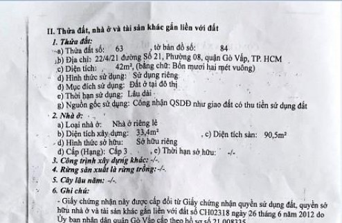 Giảm gấp còn 4,4 tỷ nhà HXH đường số 21, P8, Gò vấp. DTCN42m2 trệt 2 lầu