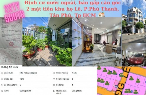 Định cư nước ngoài, bán gấp căn góc 2 mặt tiền khu họ Lê, P.Phú Thạnh, Tân Phú, TP.HCM