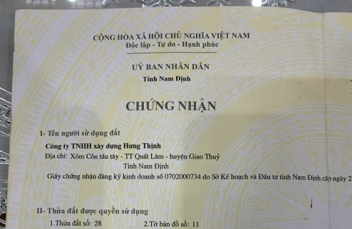 BÁN NHANH - Hơn 4 tỷ sở hữu hơn 5000 m2 đất cổng KCN Thịnh Lâm - Thị Trấn Quất Lâm