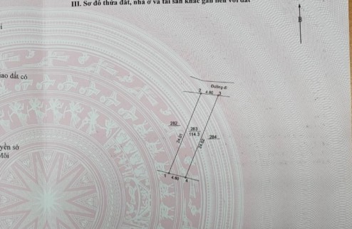 Bán lô đất DT 114.3m2, đầu đuôi 4.8m, mặt đường trục chính 2 ô tô tránh nhau. Cam kết làm chuẩn giá.