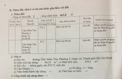 Bán rẻ nhà mặt tiền 462m2 Trần Nhân Tôn trung tâm Q10 TP.HCM