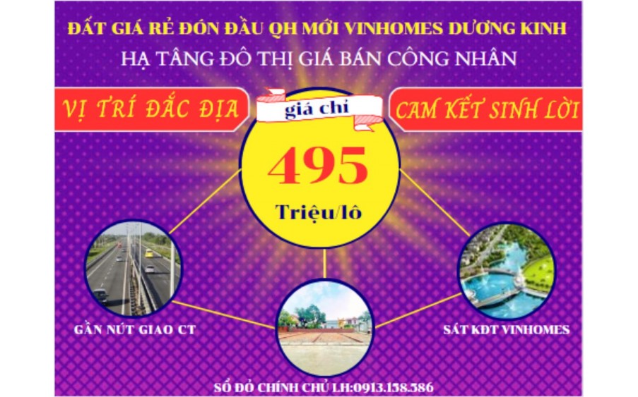 bán lô đất có bãi đỗ xe rộng 200m2, nằm kết nối trục chính khu dân cư tịa phường Hòa Nghĩa, quận Dương Kinh- gần với khu đô thị Vinhomes giá rẻ chỉ