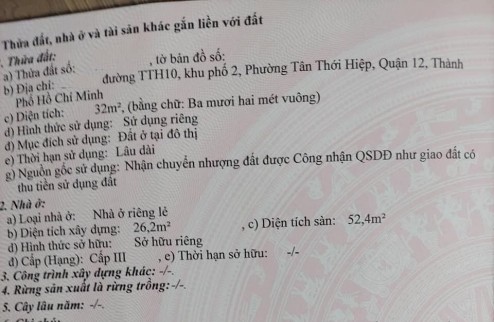 Bán Nhà Sổ Riêng Đường Nguyễn Thị Căn, Q12, 3,4x8m, 2 Tầng
