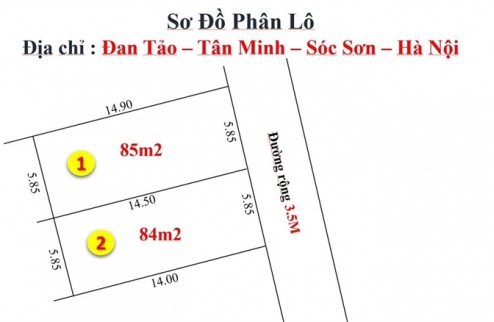 Chính chủ cần bán 85m² tại Đan Tảo - Tân Minh - Sóc Sơn - HN. Giá chỉ 9. Xtr/m². Ô tô vào đất