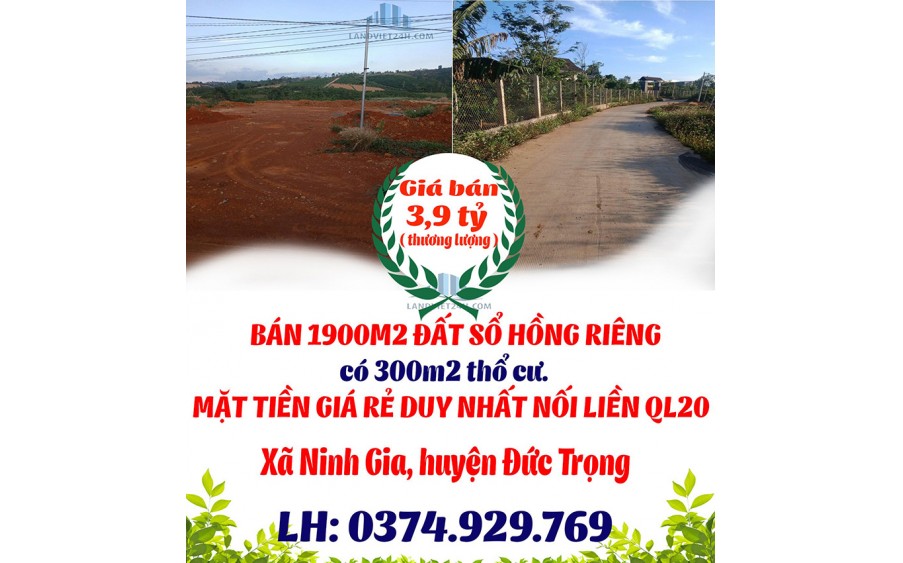 CHÍNH CHỦ BÁN 1900M2 ĐẤT SỔ HỒNG RIÊNG MẶT TIỀN GIÁ RẺ DUY NHẤT NỐI LIỀN QL20