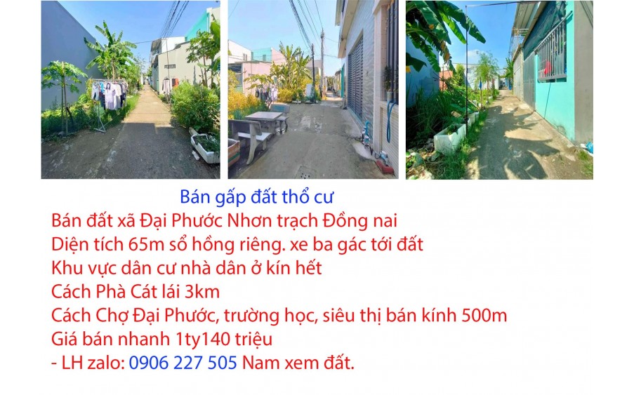 Bán đất xã Đại Phước Nhơn trạch Đồng nai, cách phà cát lái 2km, giá 1 tỷ 90 triệu