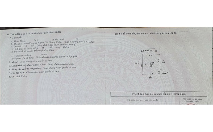 Chủ cần bán nhanh lô đất 58m2 tại thôn Phượng Nghĩa, phụng châu chương Mỹ hà nội. 
Dt 58 m2, bán kính vài trăm mét đầy đủ tiện ích 
- Gần Chợ trường