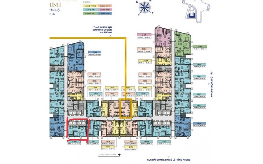 Bán cắt lỗ 400 tr  căn hộ 2 ngủ diên tích 60M  tòa nhà DOJI Lê Hồng Phong