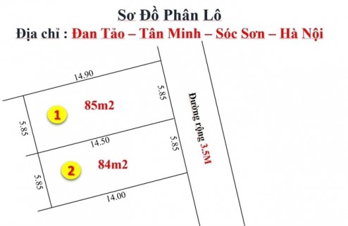 Chính chủ cần bán 85m2 tại Đan Tảo - Tân Minh - Sóc Sơn - HN. Giá chỉ 9. Xtr/m2. Ô tô vào đất