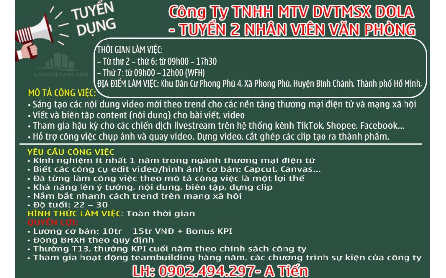 Công Ty TNHH MTV DVTMSX DOLA TUYỂN 2 NHÂN VIÊN VĂN PHÒNG