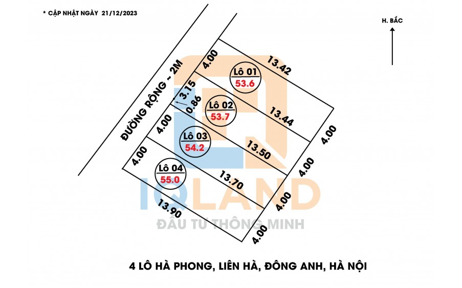 Cần bán 55m² Hà Phong, Liên Hà, Đông Anh, Hà Nội.
- Mặt tiền = hậu 4m, khổ đất vuông dài 13,9m.
- Đường vào đất rộng 2,5m. Ngõ thông.
- Đi 50m ra