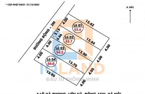 Cần bán 55m² Hà Phong, Liên Hà, Đông Anh, Hà Nội.
- Mặt tiền = hậu 4m, khổ đất vuông dài 13,9m.
- Đường vào đất rộng 2,5m. Ngõ thông.
- Đi 50m ra