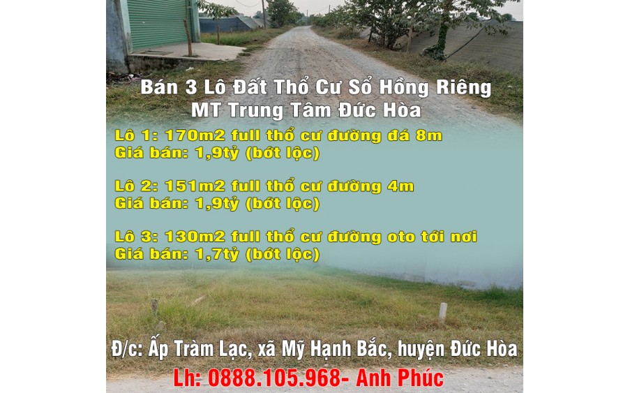 Chính Chủ Bán 3 Lô Đất Thổ Cư Sổ Hồng Riêng MT Trung Tâm Đức Hòa