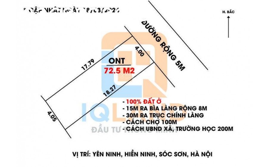 Bán 72,5m2 Yên Ninh - Hiền Ninh - Sóc Sơn. Đường thông 5m gần bìa làng