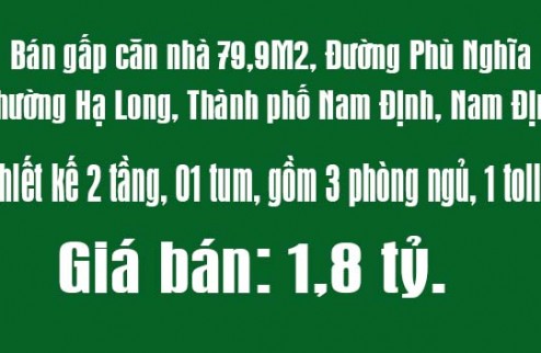 Bán gấp căn nhà 79,9M2, Đường Phù Nghĩa, Phường Hạ Long, Thành phố Nam Định, Nam Định