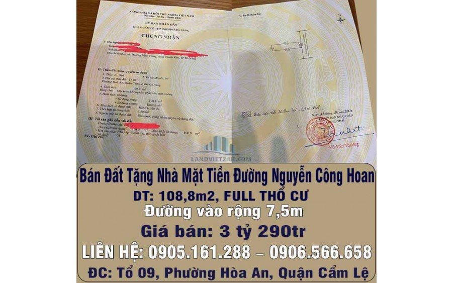 Chính Chủ Bán Đất Tặng Nhà Mặt Tiền Đường Nguyễn Công Hoan Hoà An, Cẩm Lệ