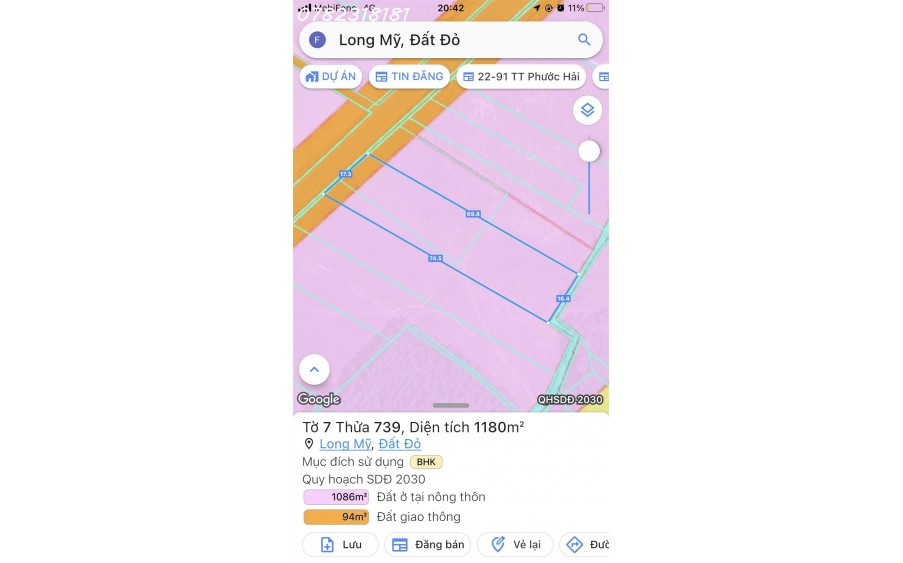 1180m2 đất phủ hồng Long Mỹ, có 200tc, 17m mt nhựa, cách biển 3km, QH đô thị biển, 5tr5/m2