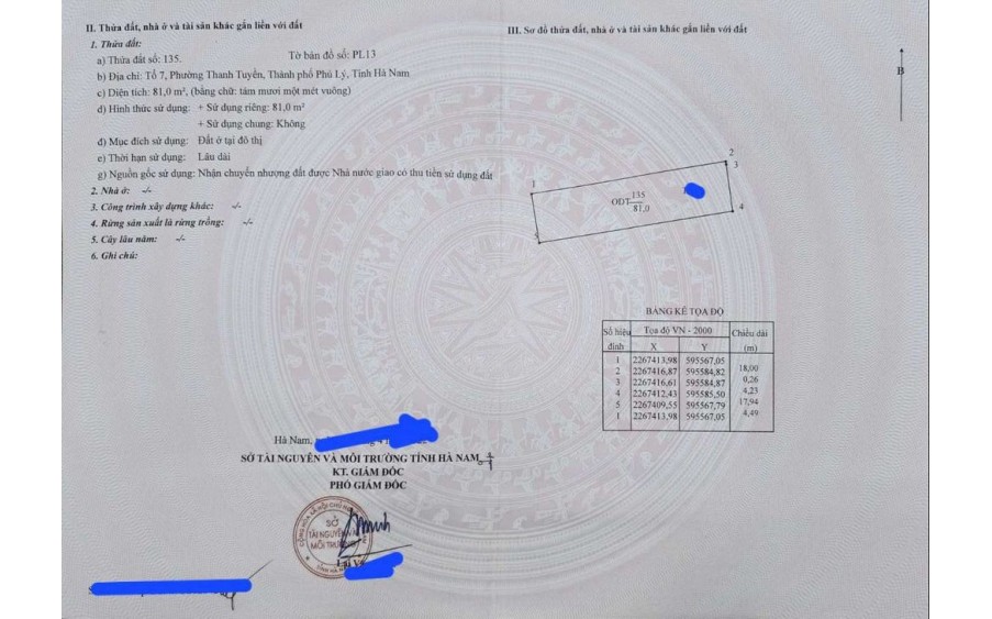 CHÍNH CHỦ CẦN BÁN LÔ ĐẤT THỔ CƯ KHU VỰC THÀNH PHỐ PHỦ LÝ – HÀ NAM