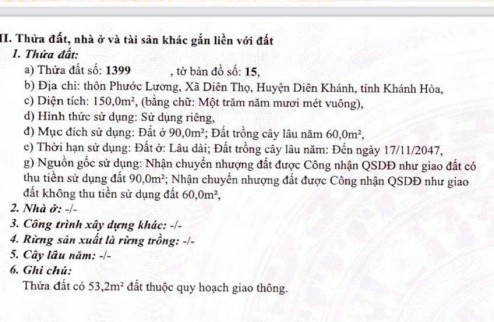 Hạ giá Lô đất ven Nha Trang mặt t.iền Tỉnh Lộ 2 Diên Thọ Diên Khánh rộng 150m chỉ còn 1 tỷ 390tr Phù Hợp Kinh doanh Mua Bán