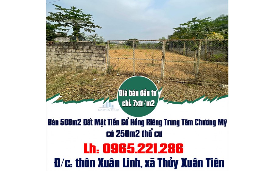 Bán 508m2 Đất Mặt Tiền Sổ Hồng Riêng Trung Tâm Chương Mỹ