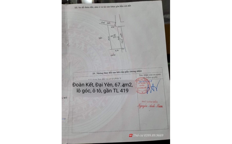 Đoàn Kết, Đại Yên, 67.4m2, lô góc, ô tô vào, tk1, gần TL 419, giá đầu tư 1.x tỷ