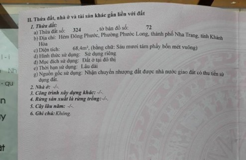 BÁN LÔ ĐẤT HẺM ĐÔNG PHƯỚC PHƯỜNG PHƯỚC LONG NHA TRANG