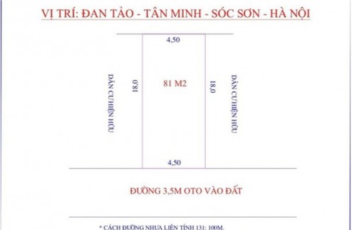 Bán nhanh 81m² tại Đan Tảo - Tân Minh - Sóc Sơn - HN. Full thổ. Đường 3m.