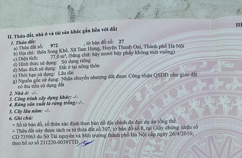 Cần bán đất Song Khê, Tam Hưng, Thanh Oai, Hà Nội. DT 77m ô tô 7 chỗ vào tận nhà