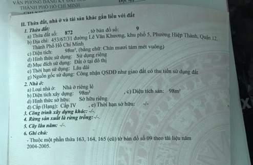 CHÍNH CHỦ BÁN NHÀ MỚI XÂY 1 TRỆT 1 LẦU, 3 NGỦ TẠI ĐƯỜNG LÊ VĂN KHƯƠNG, HIỆP THÀNH, Q12