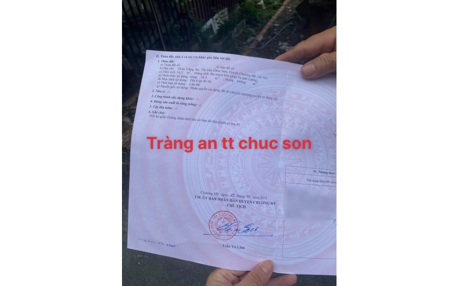 Cc gửi bán 34.3m2, chỉ 1.x tỷ (x nhỏ xíu), tại Tràng An, Lộc ninh, tt Chúc Sơn, Chương Mỹ, Hà Nội.