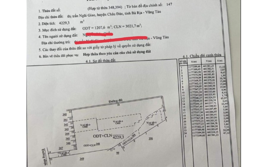 Chủ kẹt tiền bán nhanh trong 3 ngày lô đat thị trấn ngãi giao dt 3600mv 903 thổ cư và lô 4229mv 1207 m thổ cư