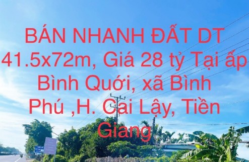 BÁN NHANH ĐẤT DT 41.5x72m, Giá 28 tỷ Tại xã Bình Phú ,huyện Cai Lậy , Tiền Giang