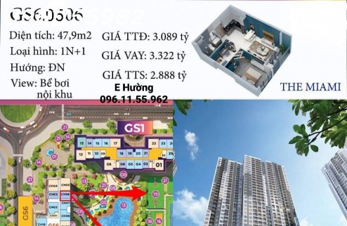 Bán Căn 1PN+1 The Miami GS6 Tầng 05 Căn 06 - Siêu VIP - View Nội Khu - Hướng Đông Nam.