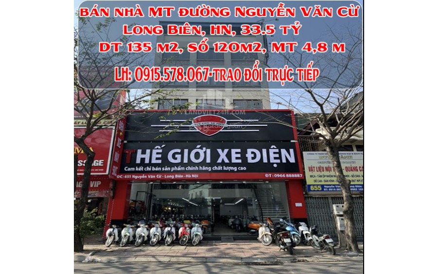 bán nhà MT đường Nguyễn Văn Cừ, Long Biên, HN, 33.5 tỷ, DT 135 m2, sổ 120m2, MT 4,8 m