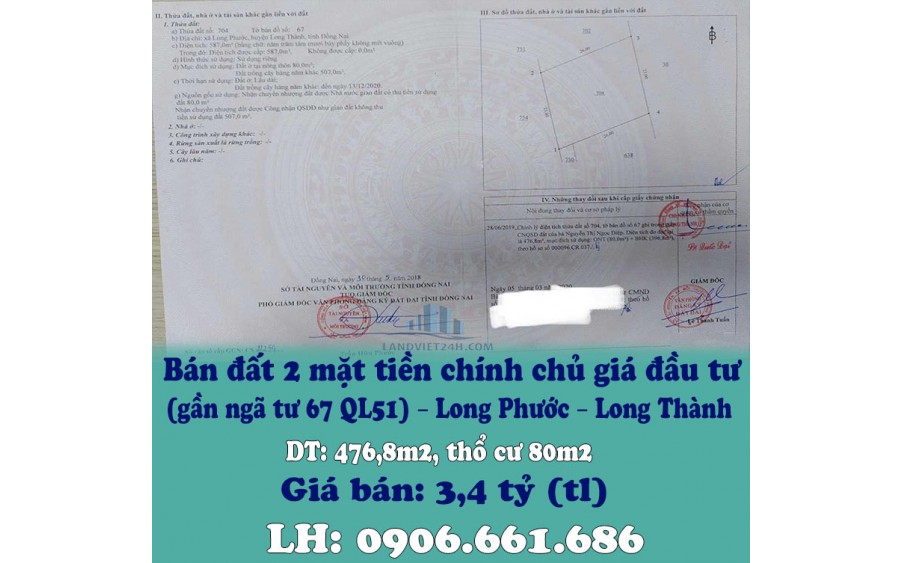 Bán đất hai mặt tiền chính chủ giá đầu tư (gần ngã tư 67 QL51) – Long Phước – Long Thành