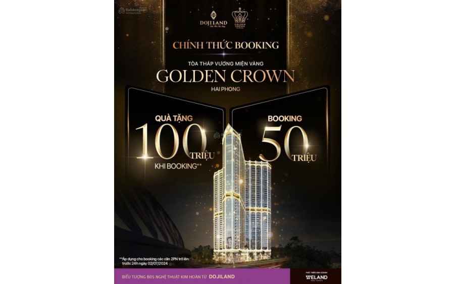 Nhận booking dự án căn hộ hạng sang Golden Crown Hải Phòng - tặng ngay 100 triệu trừ vào giá cho 200KH có Booking đầu tiên mua căn hộ .