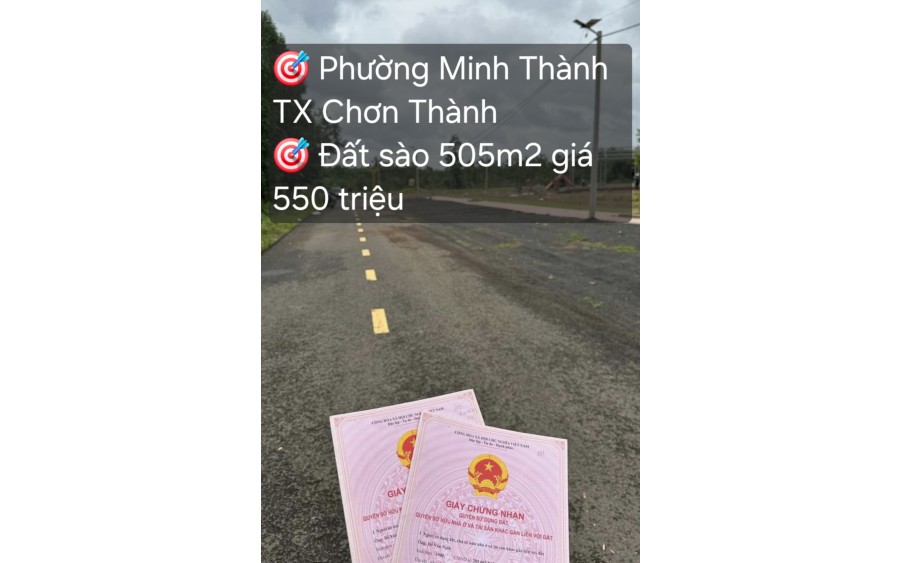 đất p,minh thành ̀̀̉̉̀̉̀̀ tx chơn thành giá 580trieu/505m2 sổ sẵn