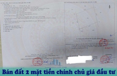 Bán đất hai mặt tiền chính chủ giá đầu tư (gần ngã tư 67 QL51) – Long Phước – Long Thành