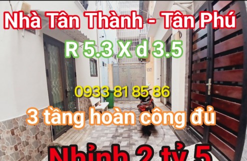 Nhỉnh 2 tỷ 7 Có căn nhà 3 tầng rộng 5,3 x 3.55 Tân Thành - Quận Tân Phú