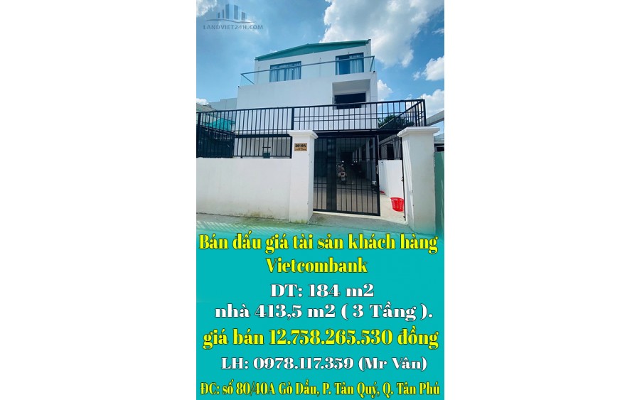 Bán đấu giá tài sản khách hàng Vietcombank, Đất 184 m2  nhà 413,5 m2