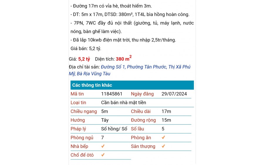 Chủ gởi bán căn nhà 5 lầu 1 trệt , phườn tân phước thị xã phú mỹ , bà rịa vũng tàu