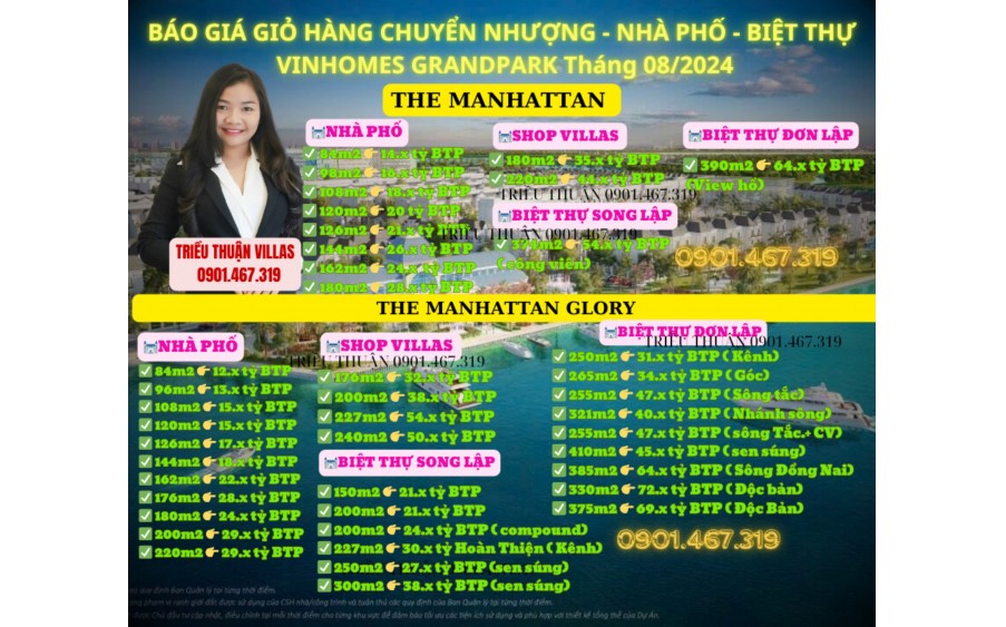 BÁO GIÁ GIỎ HÀNG CHUYỂN NHƯỢNG - NHÀ PHỐ - BIỆT THỰ - VINHOMES GRANDPARK Tháng 08/2024