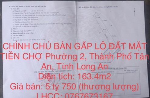 CHÍNH CHỦ BÁN GẤP LÔ ĐẤT MẶT TIỀN CHỢ Phường 2, Thành Phố Tân An, Tỉnh Long An