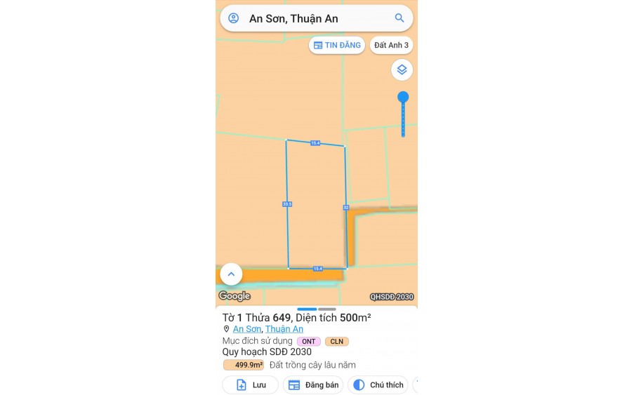Bán đất An Sơn 46 (An Sơn 01 quẹo vào 200m).
bán đất An Sơn 32 Thành Phố Thuận An, Bình Dương 

Diện tích ngang 15m x dài 32m = 500m² (100m² thổ