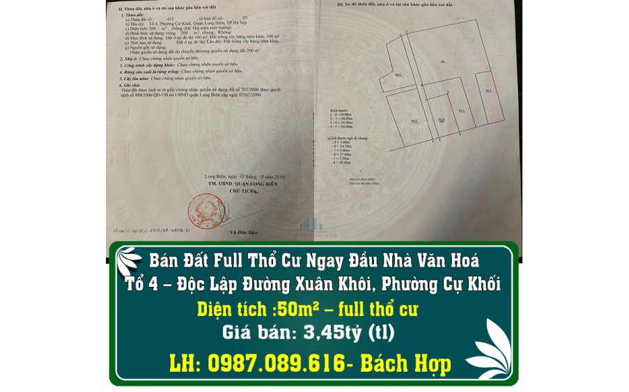 Bán Đất Full Thổ Cư Ngay Đầu Nhà Văn Hoá Tổ 4 – Độc Lập