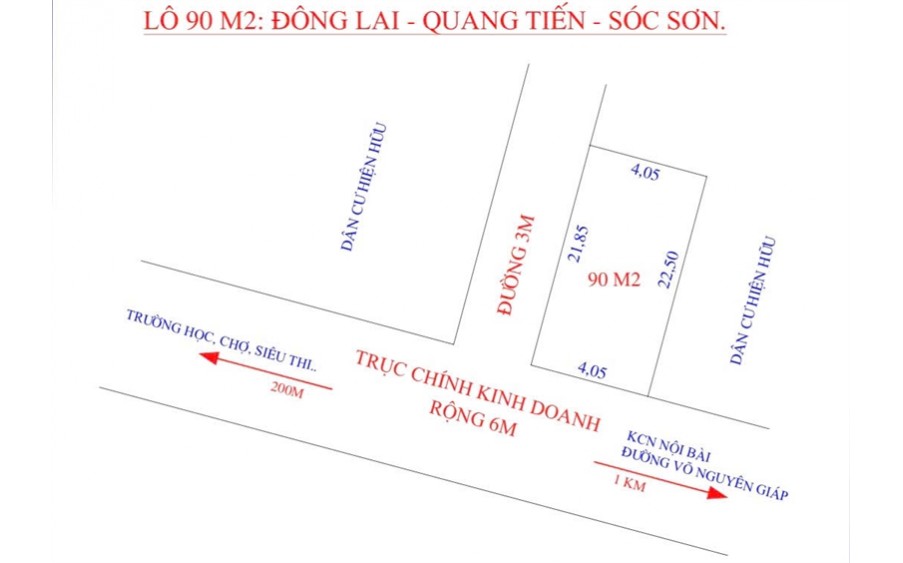 Đất Trục Chính 90m tại Đông Lai - Quang Tiến - Sóc Sơn. Đường oto Tránh + Lô Góc