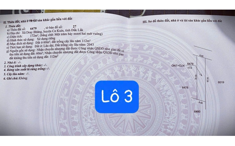 Chủ kẹt tiền cần bán 3 lô đất đẹp gần mọi tiện ích diện tích 180m2 sẵn thổ cư ô tô tới đất giá 228tr