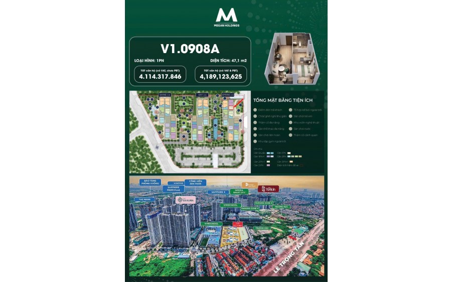 Quỹ hàng độc quyền - Căn 1PN Tòa V1 - View tuyến Metro 6 - Tầng 9 - Diện tích : 47,1m2