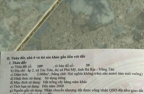 Chủ cần bán 2284 mét vuông , mặt tiền nhựa tóc tiên thị xã phú mỹ bà rịa vũng tàu